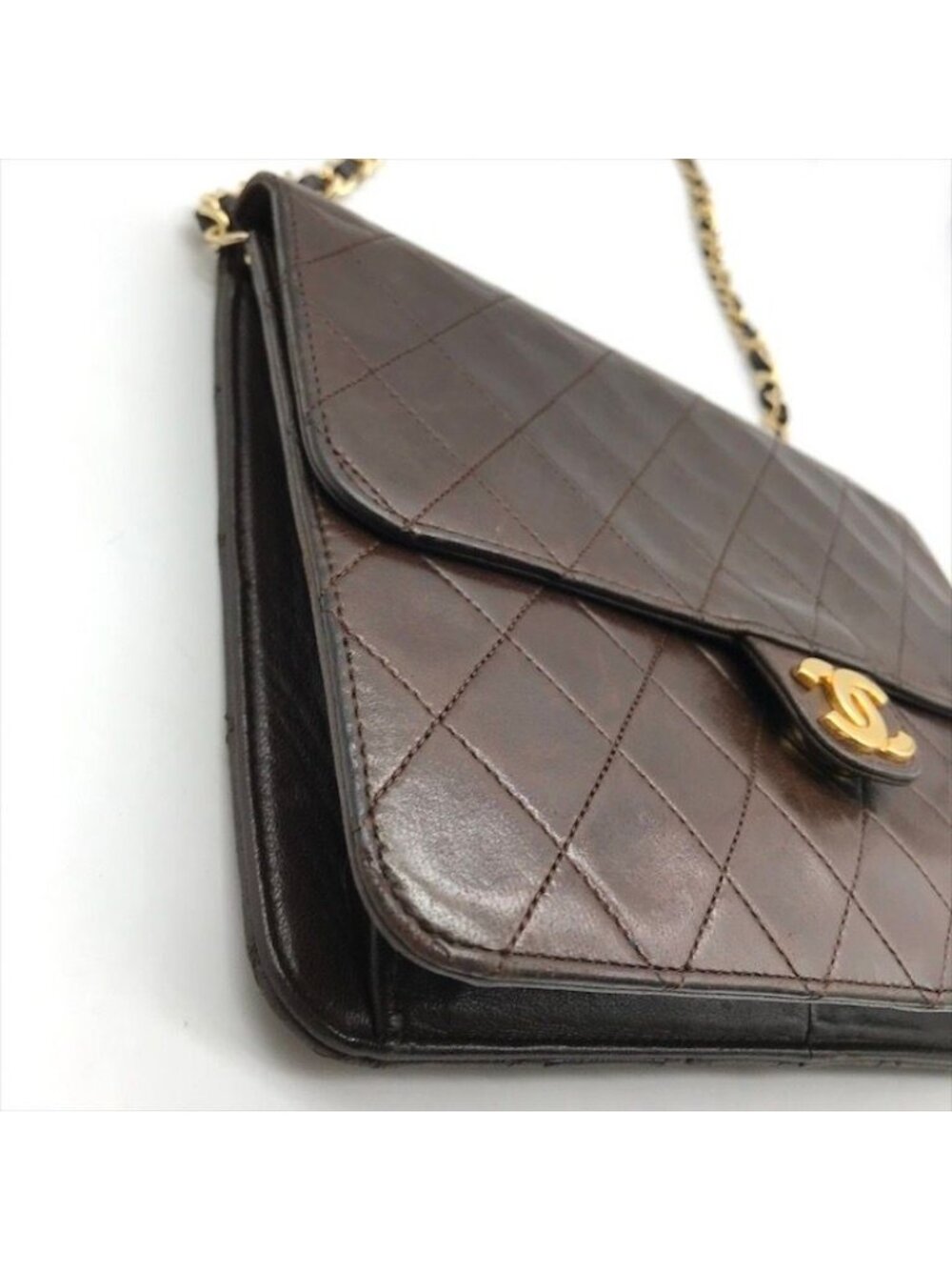 Chanel CC Logo Quilted Lambskin Chain Shoulder Bag Push Lock Brown - Picture 5 of 10